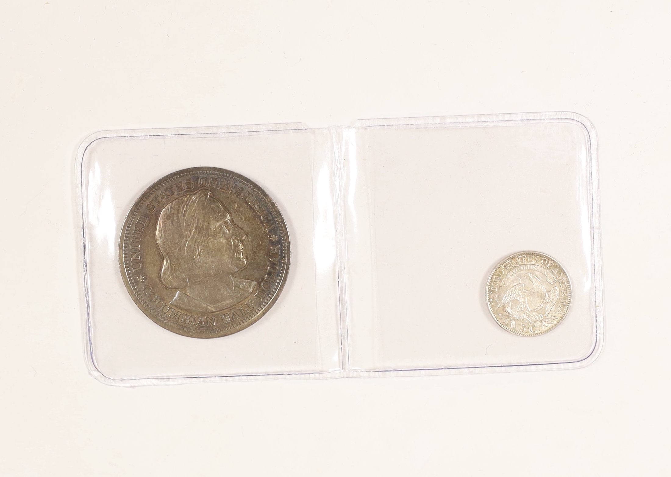 U.S. coins, 5 cents (Liberty Cap half dime) 1829, EF and a Columbian half dollar, 1893 (2)
